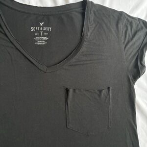 American Eagle Soft & Sexy Black V Neck Pocket T-Shirt Womens Small / Medium